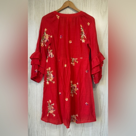 Fig And Flower Boho Embroidered Ruffled Gauzy Red Floral Dress Size L EUC - Picture 5 of 5